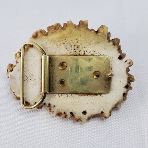 VTG Elk Antler Belt Buckle With Pewter Ram Big Horn Sheep Head Design 4x3 inches - Picture 4 of 8